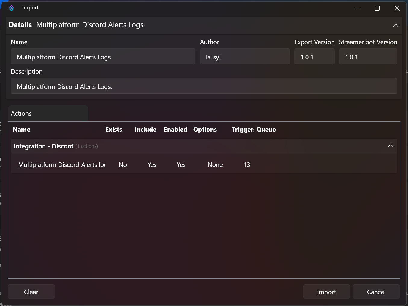 Streamer bot import window