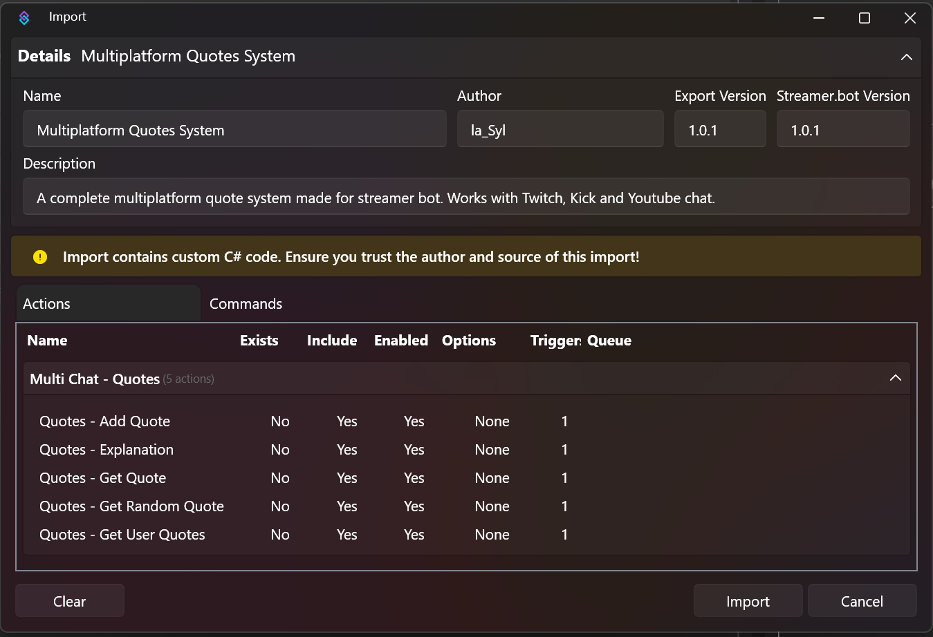 Import of the quotes system